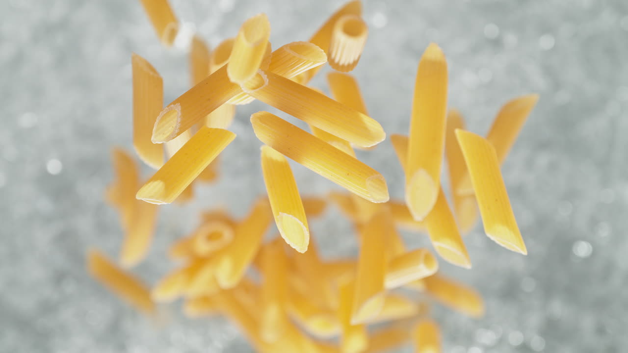la pasta de penne cayendo en una olla de agua hirviendo haciendo un salto en cámara lenta, vista de la mesa