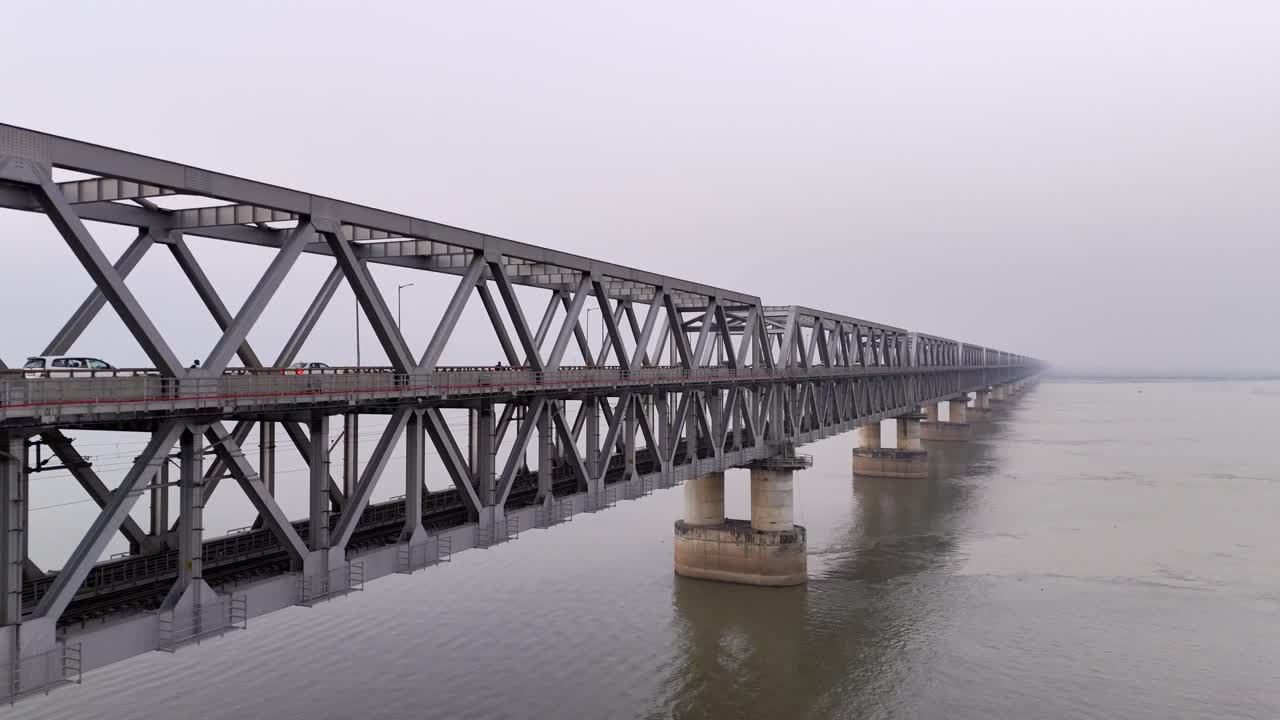 Drone shot of Digha Sonpur Bridge rail and road steel truss bridge across river Ganga, connecting Digha Ghat in Patna and Pahleja Ghat in Sonpur, Patna, Bihar