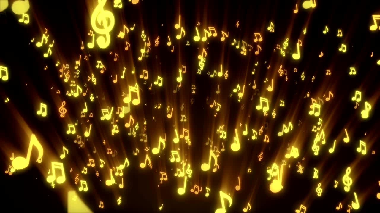 금색 음악 음의 추상적인 흐름이 카메라로 날아갑니다.