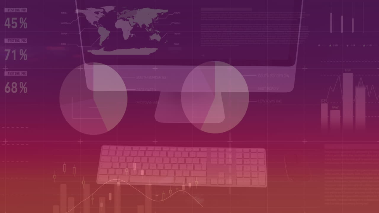 animación de la interfaz infográfica sobre la vista aérea del escritorio y el teclado en la mesa