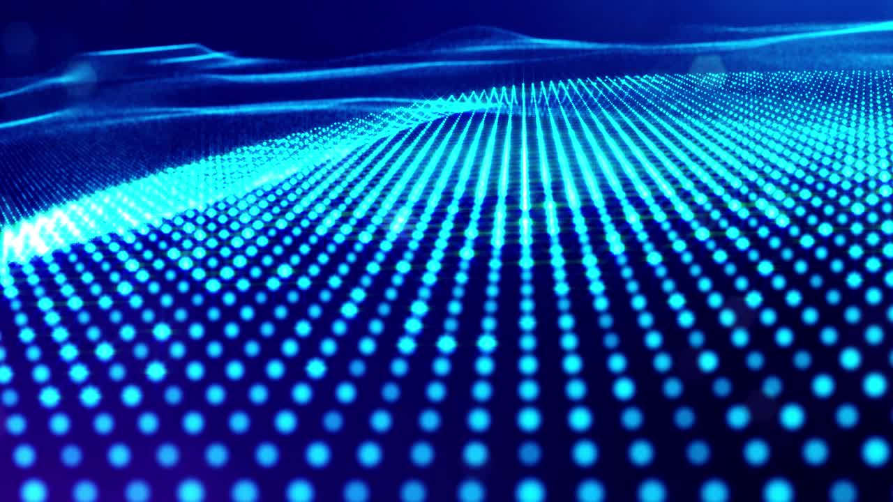 3d looped bg data flow concept, sci-fi background digital space. Blue high tech field with glow particles form lines and surface waves. Hi-tech information flow, blockchain, bigdata visualization. DOF