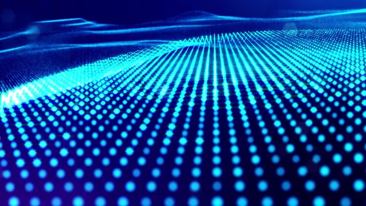 Sfondo 3D in loop, concetto di flusso di dati, spazio digitale sci-fi. Campo blu ad alta tecnologia con particelle luminose che formano linee e onde superficiali. Flusso di informazioni hi-tech, blockchain, visualizzazione di big data. DOF