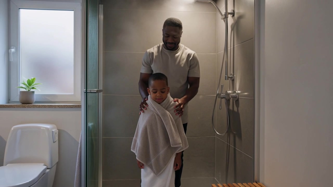 Dad in tee drying child wrapped in white towel using beige towel after shower in bathroom
