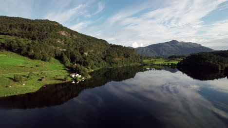 aerial shot, panning across the green shoreline of a lake