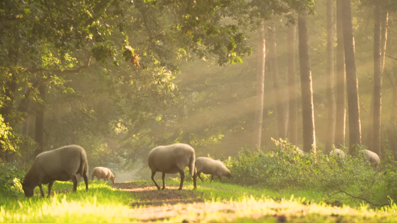 Sheep in a sun-dappled forest