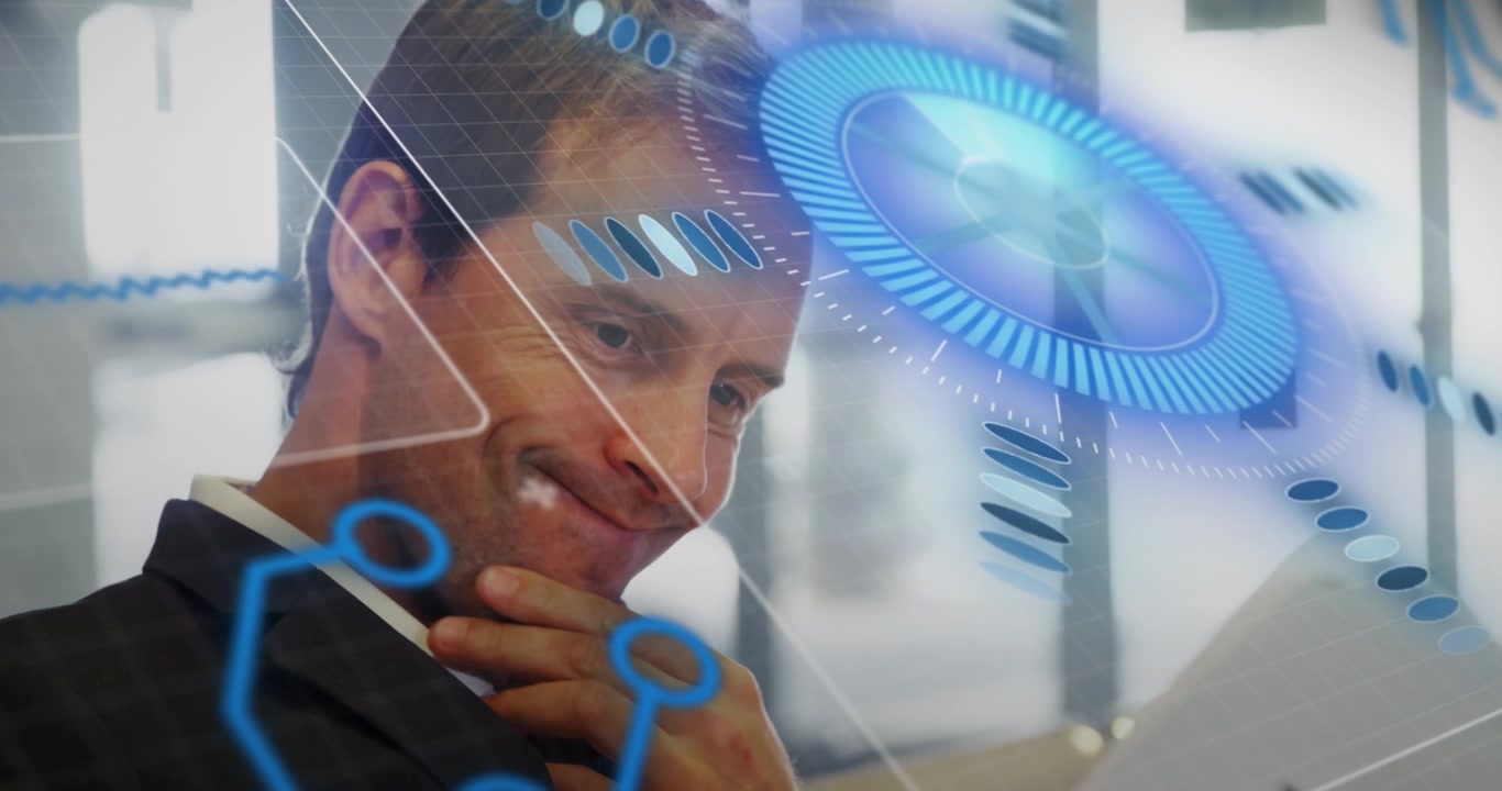 Animazione di elaborazione dati su schermo digitale sopra un uomo d'affari caucasico con un giornale.