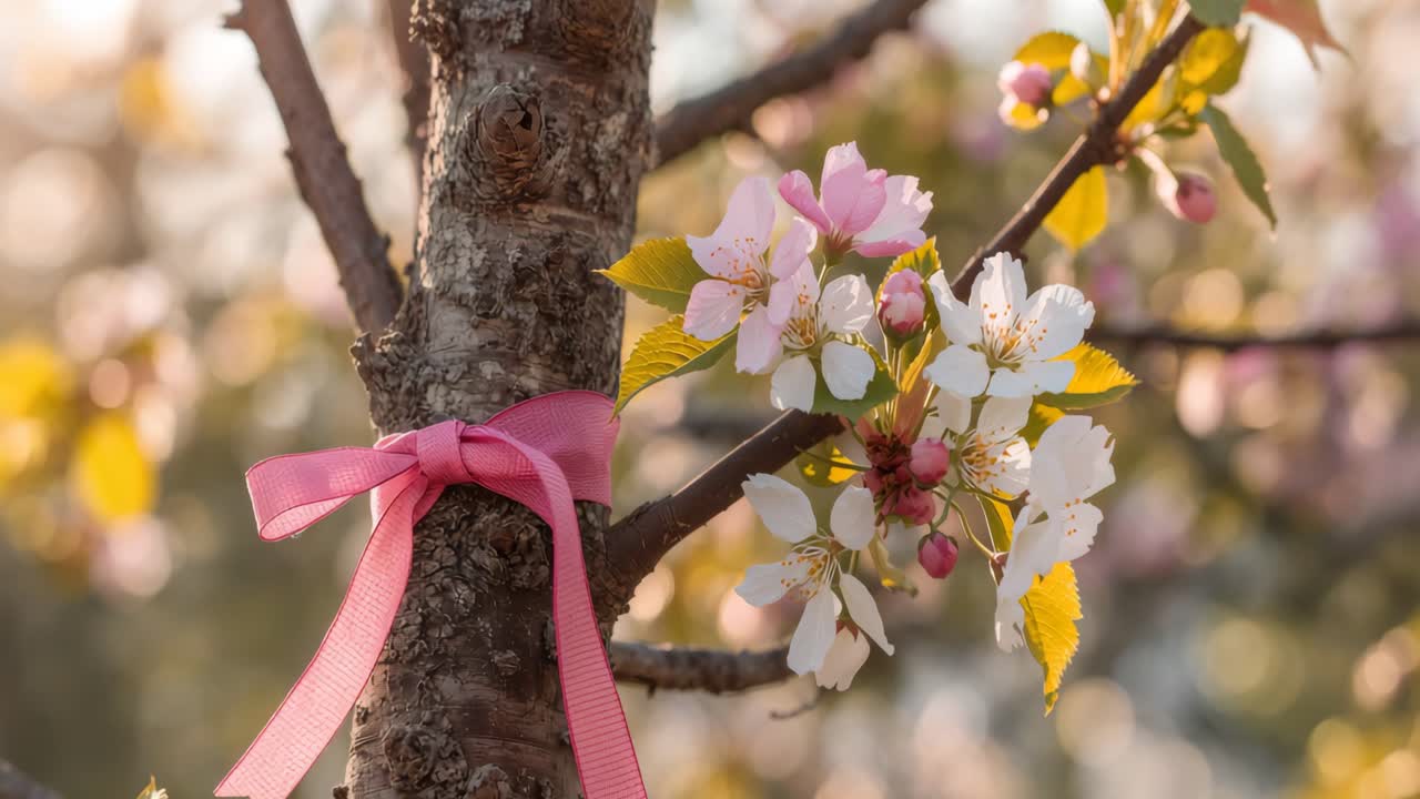 Blossoming tree with pink ribbon