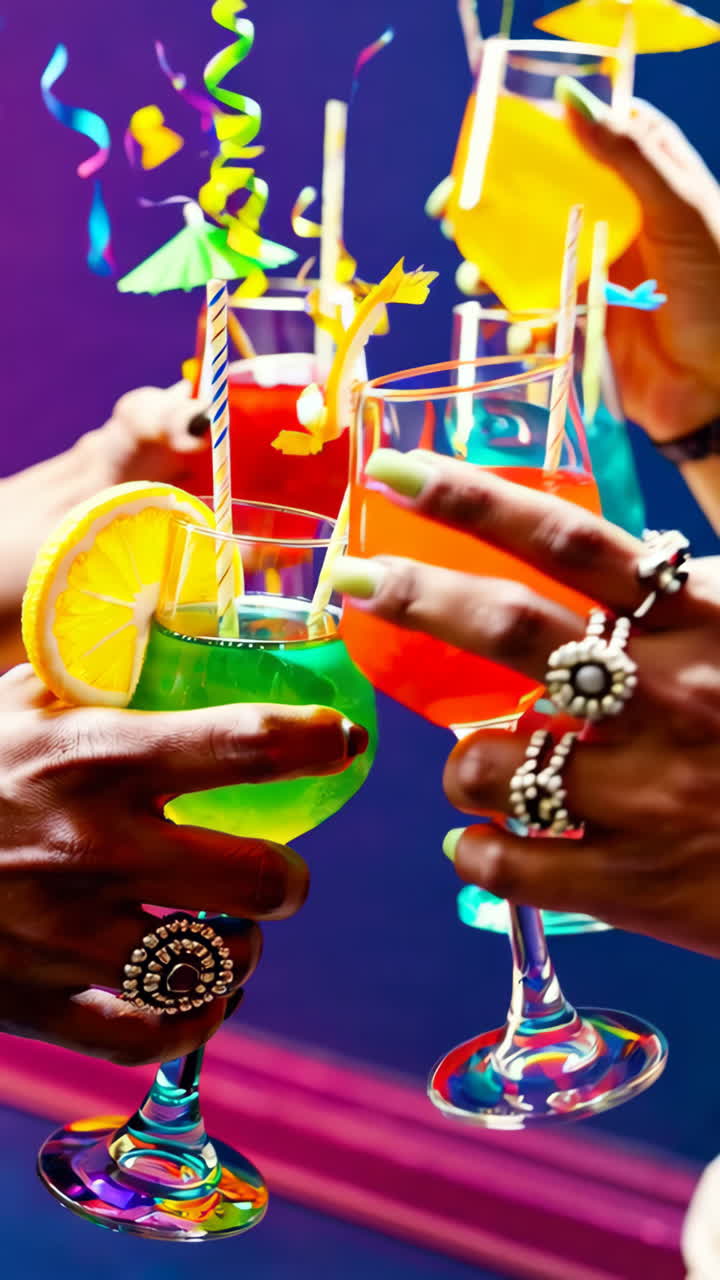 Vibrant Party Celebration with Colorful Cocktails and Friends Toasting