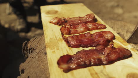 el campista de montaña prepara tocino para el desayuno, recién cocinado en una sartén de hierro