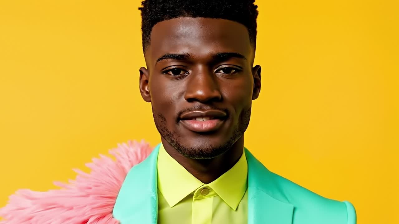 A man in a green suit with a pink feather boa around his neck