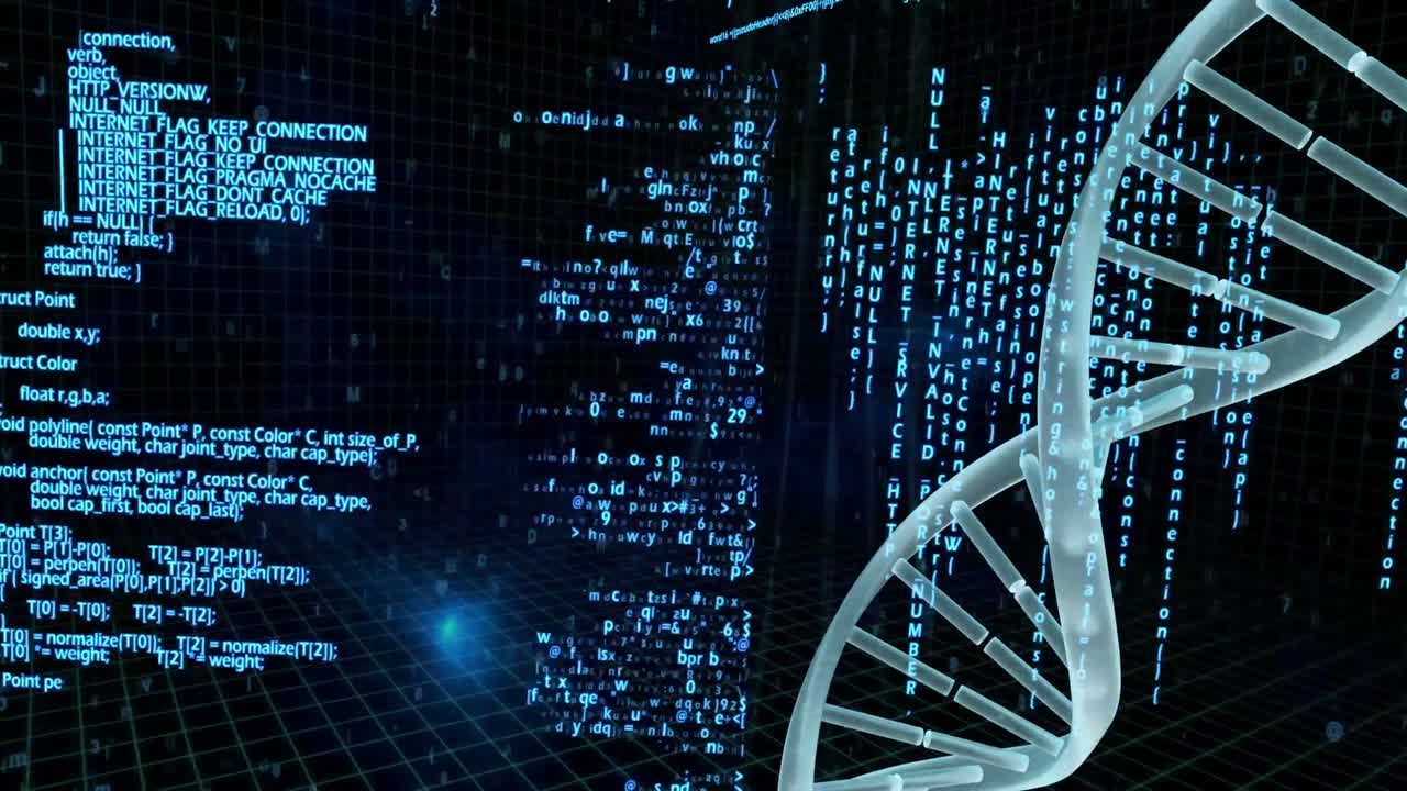 Spiral molecule of DNA in abstract blue space with data backdrop