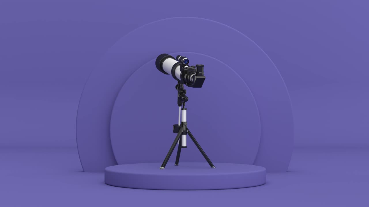 video de resolución 4k: telescopio móvil moderno blanco en trípode girando sobre productos de cilindros muy peri violeta pedestal de escenario en un bucle de fondo violeta muy peri