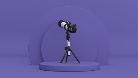 4k resolution video: white modern mobile telescope on tripod rotating over violet very peri cylinders products stage pedestal on a violet very peri background loop animation