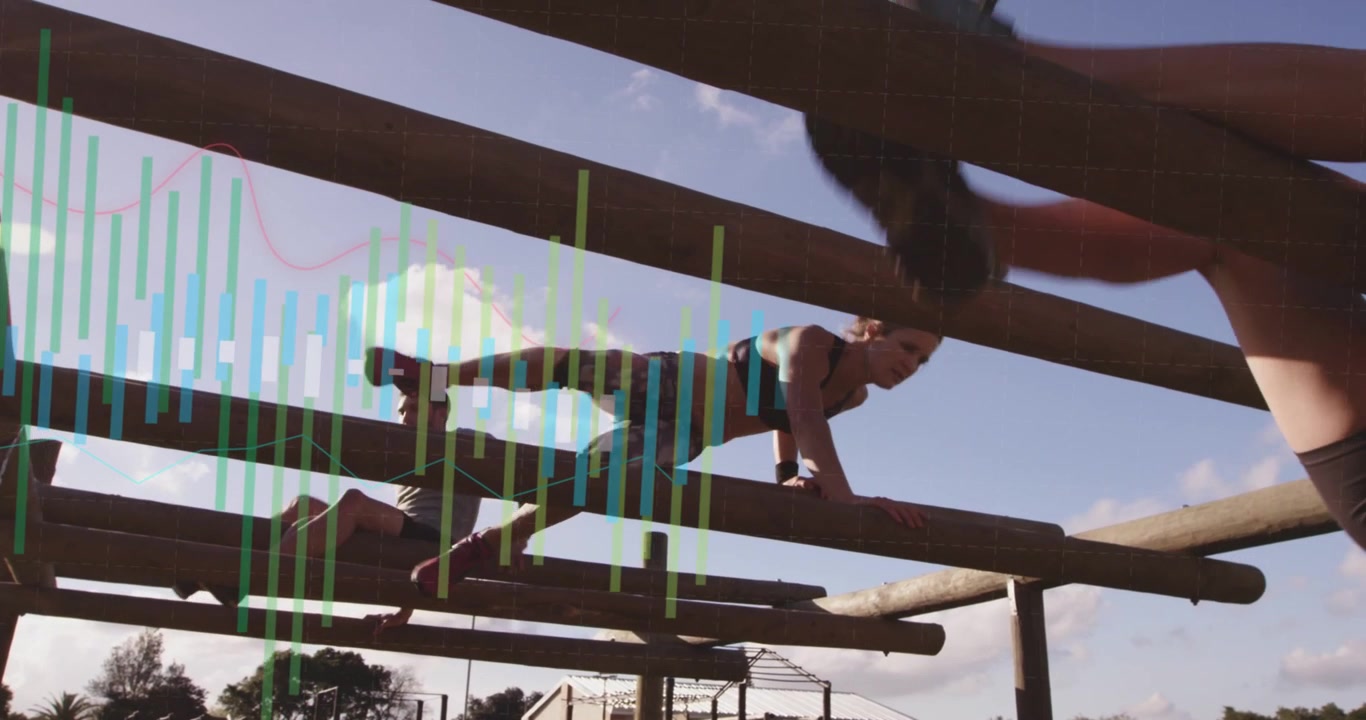 Three adults perching on logs, bracing and traversing wood beams at park, training with equalizer