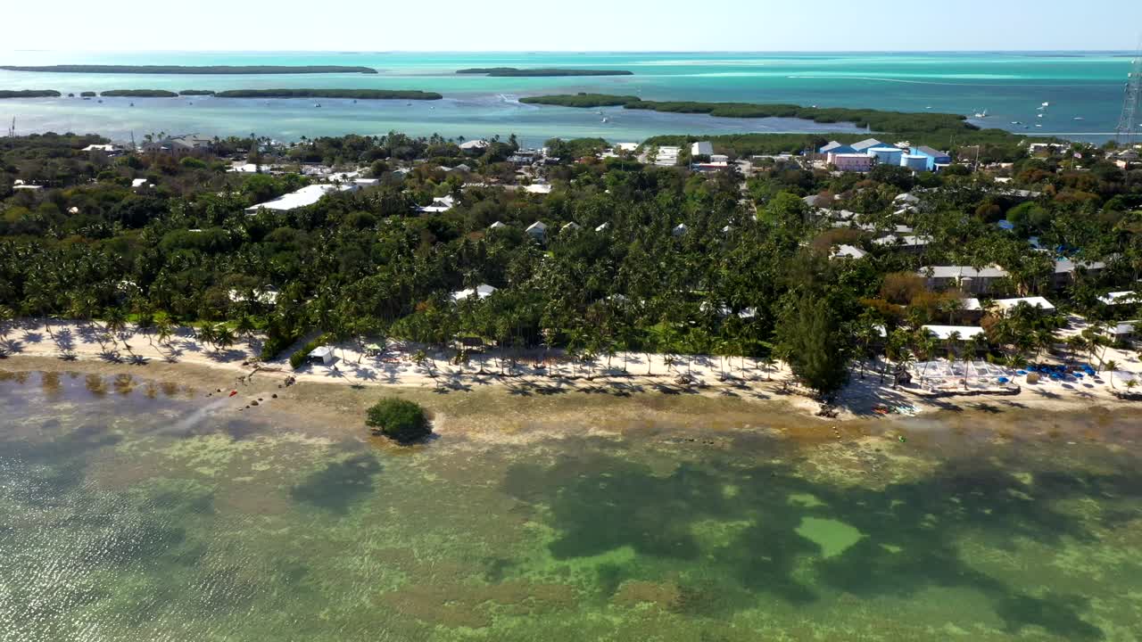 Drone high angle overview of ocean and forested coast in the tropical Islamorada, Florida Keys