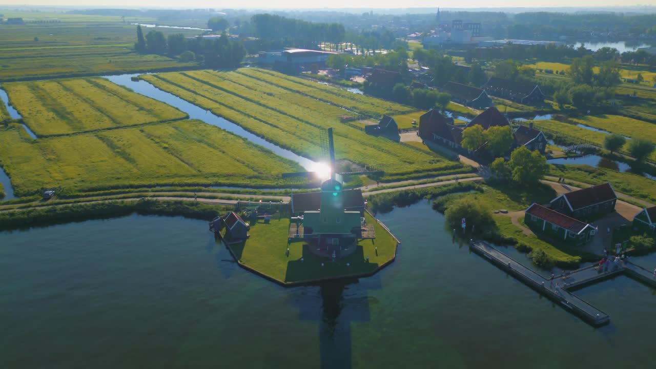 Aerial drone footage of still windmills in Zaanse Schans, Netherlands