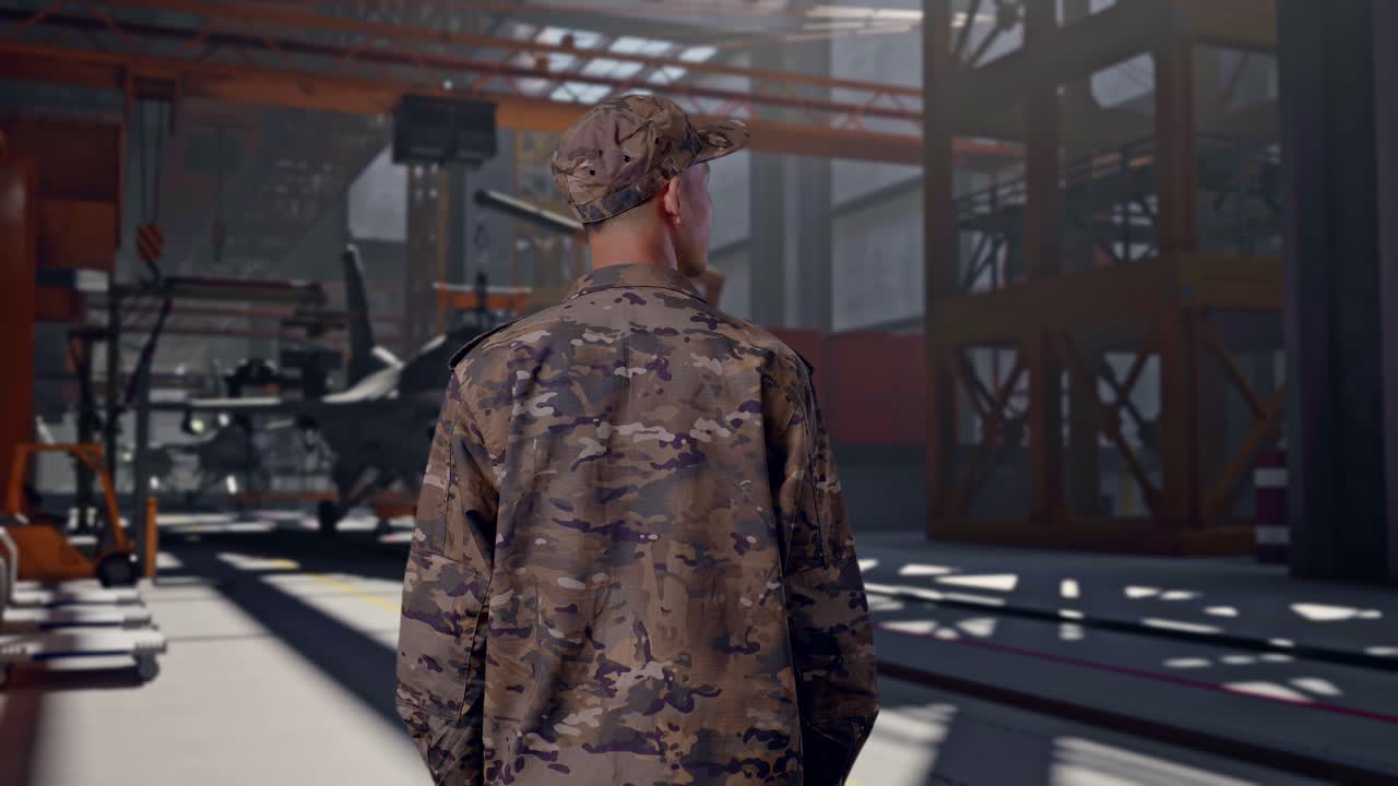 Soldato in uniforme mimetica in piedi in un hangar per aerei