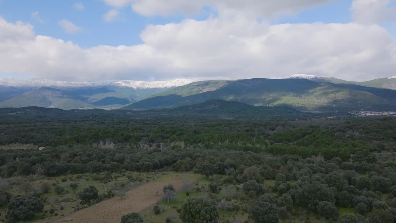 vuelo con un dron en la sierra de gredos, los picos nevados, un cielo con nubes y en la llanura, un bosque y la ciudad de sotillo de la adrada, hay un bosque de álamos sin hojas, ávila, españa
