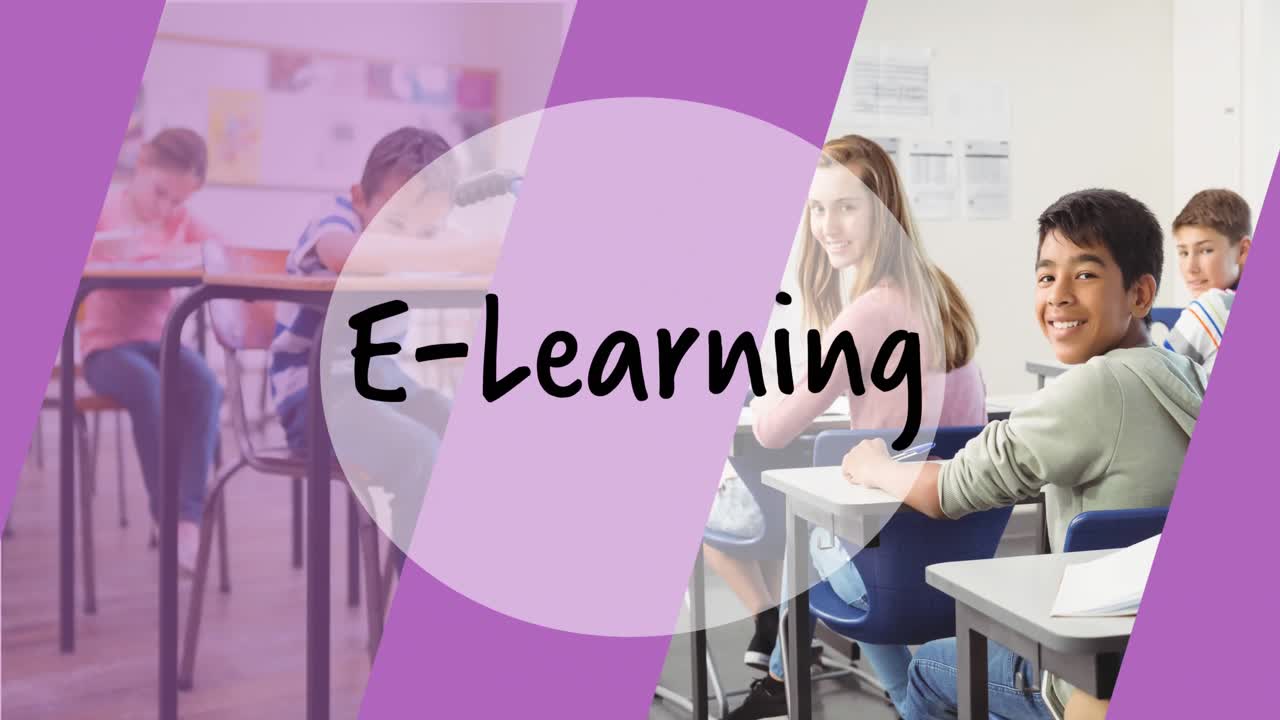 Animazione di testo "e-learning" su alunni in aula