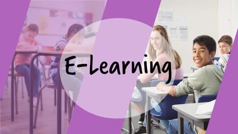 animation of e-learning text over schoolchildren in classroom