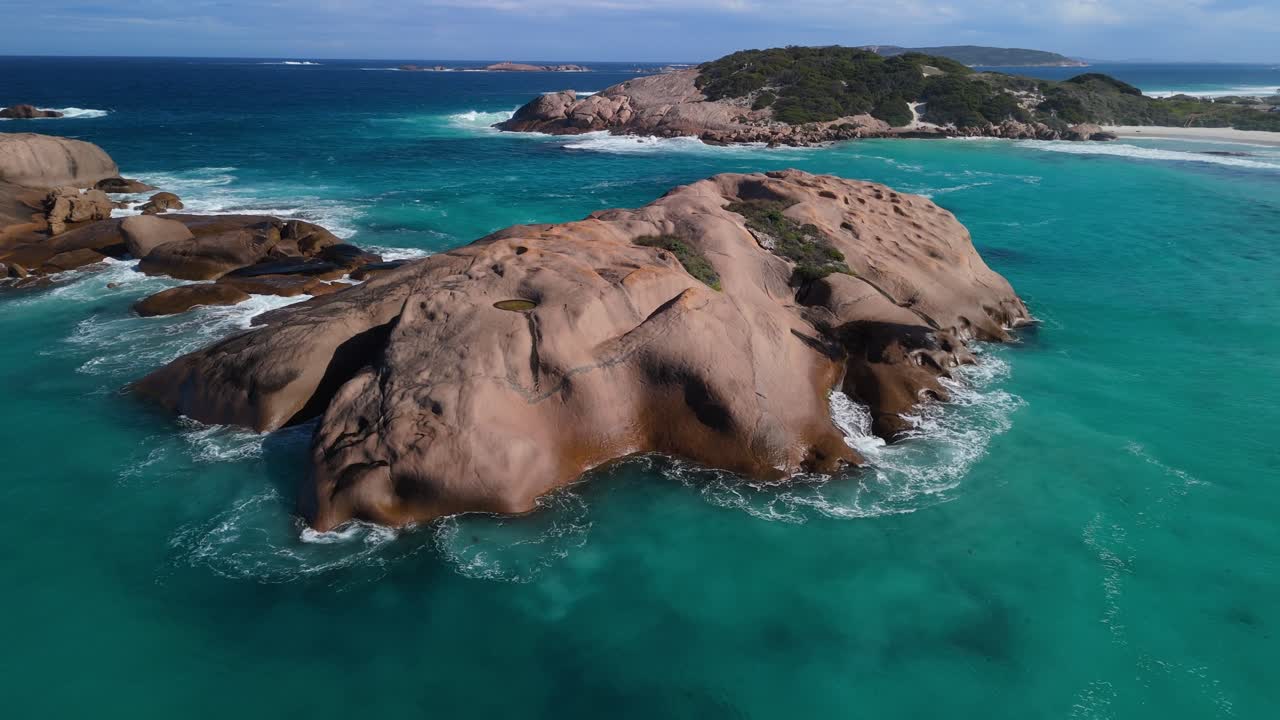 Drone floating above jumping rock in Twighlight beach, Esperance Western Australia