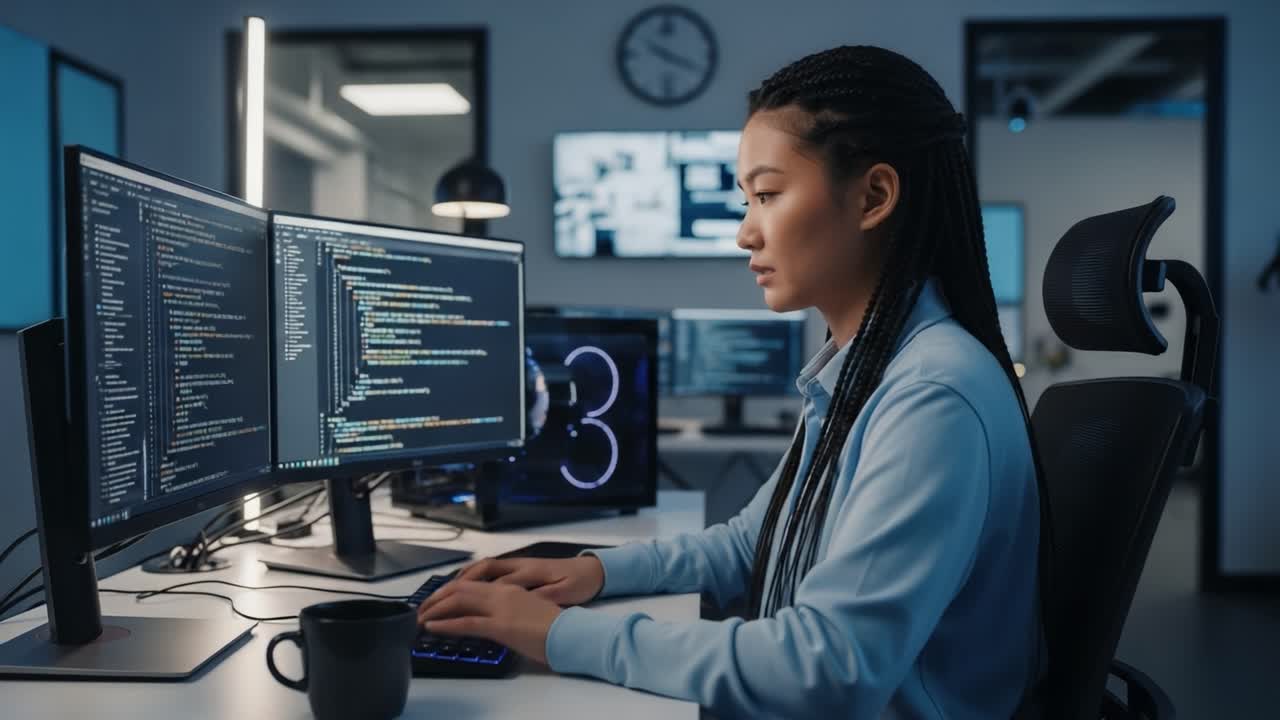 Focused Software Developer Coding in Modern Office Environment, Surrounded by Multiple Monitors Displaying Complex Programming Challenges and Data Analytics