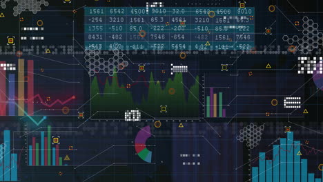 financial data processing animation with charts, graphs, and numbers on dark background