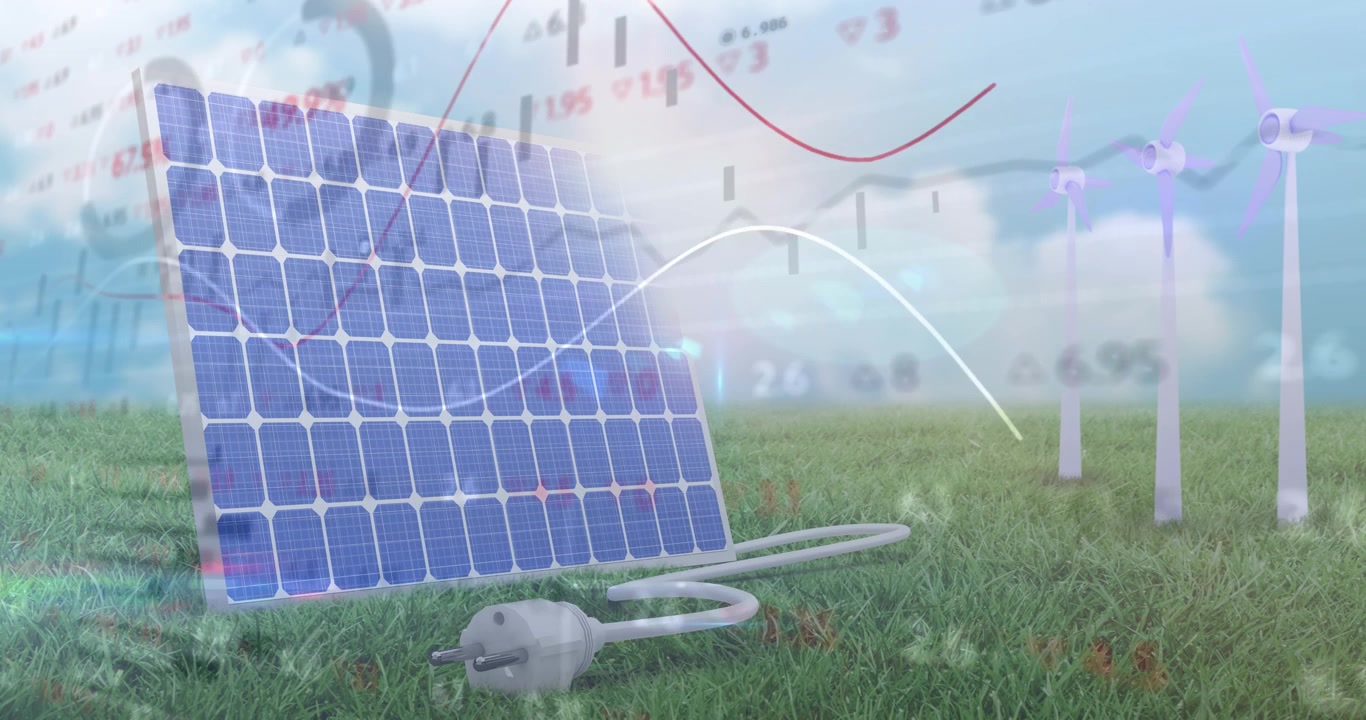 Animazione di elaborazione di dati finanziari su turbine eoliche e pannello solare