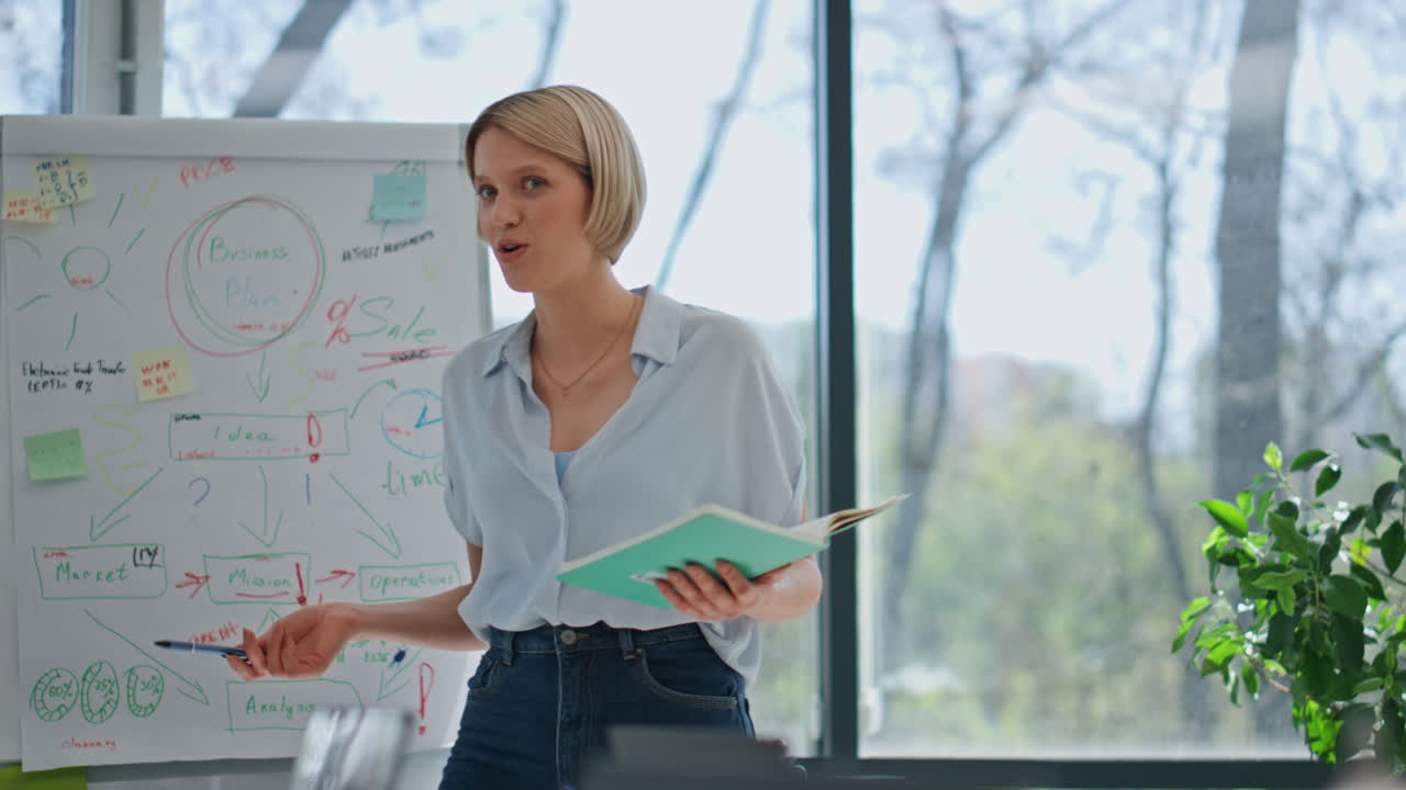 oradora positiva presentando un proyecto al grupo en la sala de juntas. aplauso del equipo