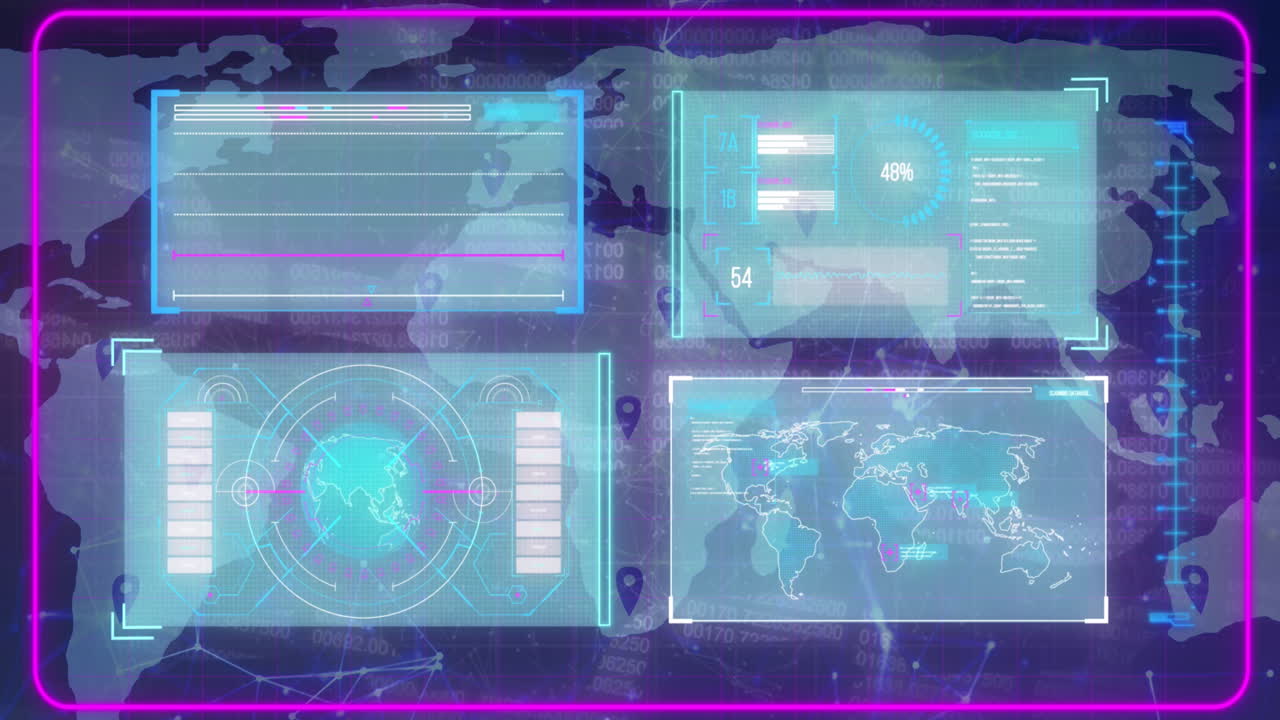 Animation of interface with data processing over world map against purple background