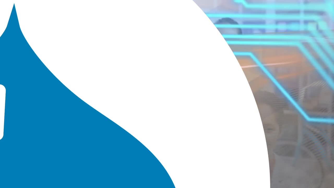 Animation of blue and white shape over integrated circuit and biracial woman