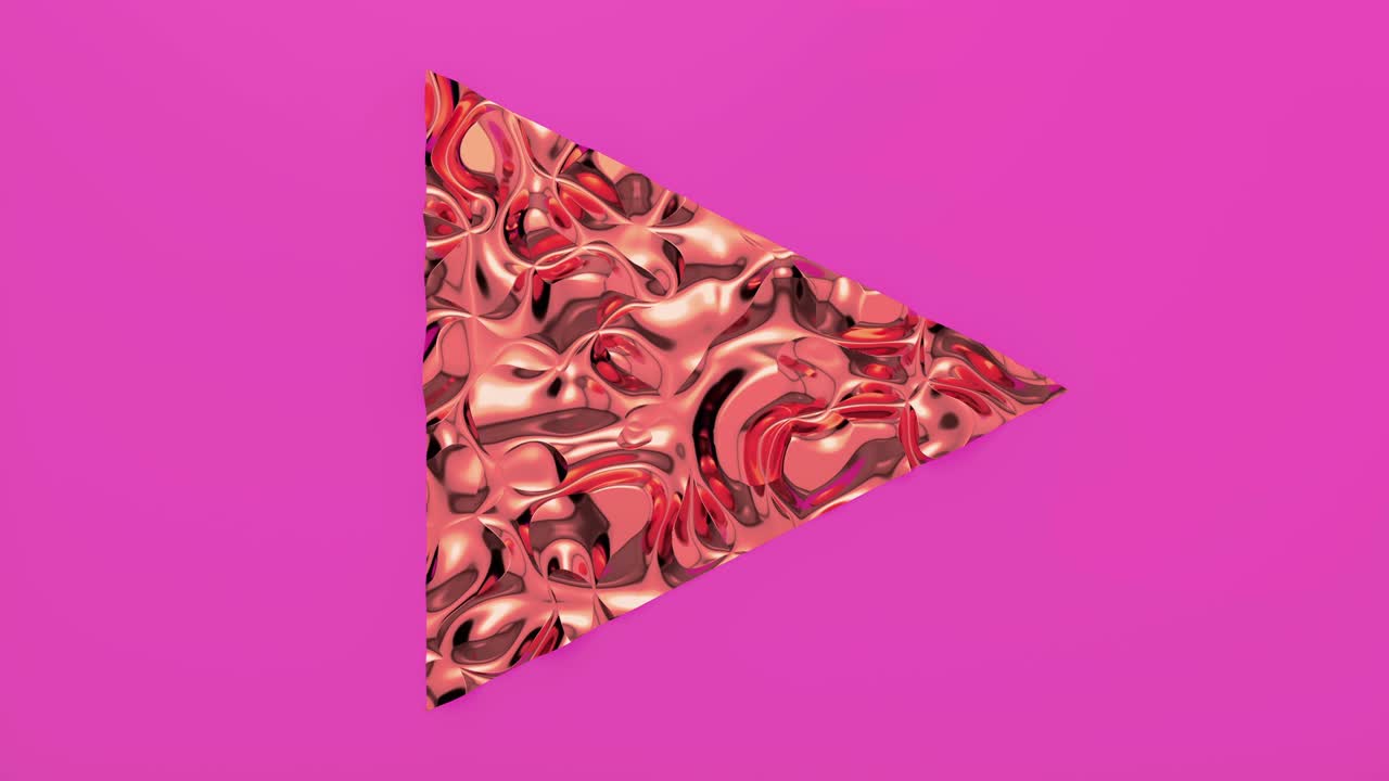 삼각형 모양의 재생 버튼의 3d 루프 애니메이션: 파동적인 표면과 파동, 트렌디한 활기찬 텍스처, 패션 섬유, 그래픽 디자인, 애니메이션 금속 텍스처.
