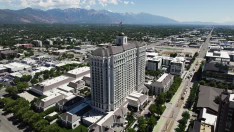 salt lake city hotel skyscraper high rise building, aerial orbit