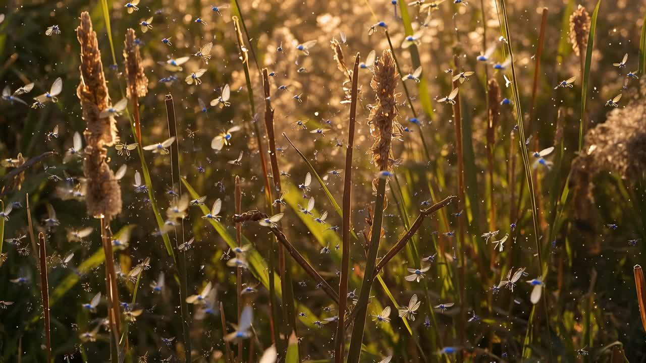 Wärmendes Sonnenlicht badet die Stängel von Sumpf-Rohrkolben, wodurch blasse Insekten in der Nähe des Schilfs flattern.