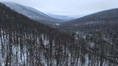 flying over a snowy, beautiful mountain valley with a remote road below