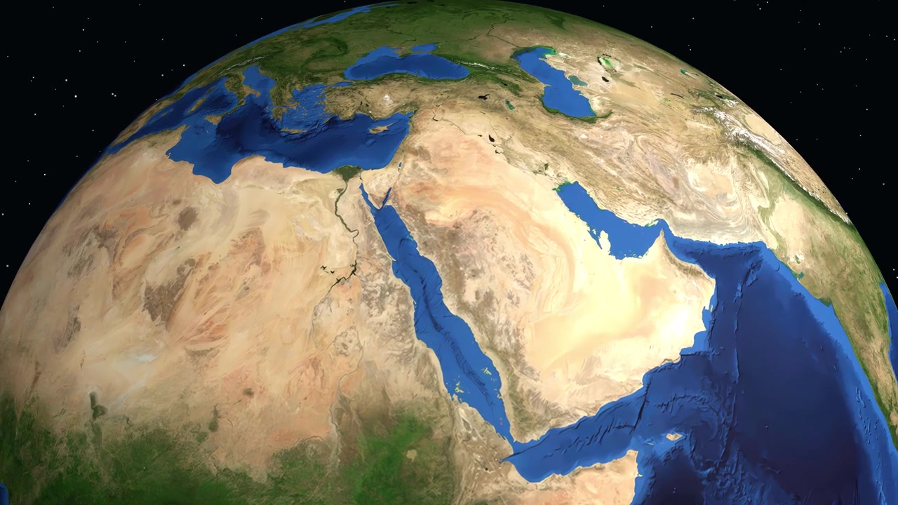 Dijital bir animasyon, coğrafi koordinatlarla Medine'yi işaretleyerek uzaydan Suudi Arabistan'a yakınlaşıyor.