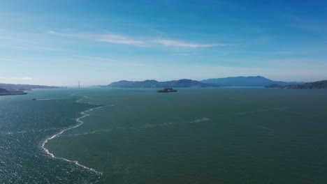 Aerial-drone-shot-with-Alcatraz-Island,-Golden-Gate-Bridge,-and-San-Francisco