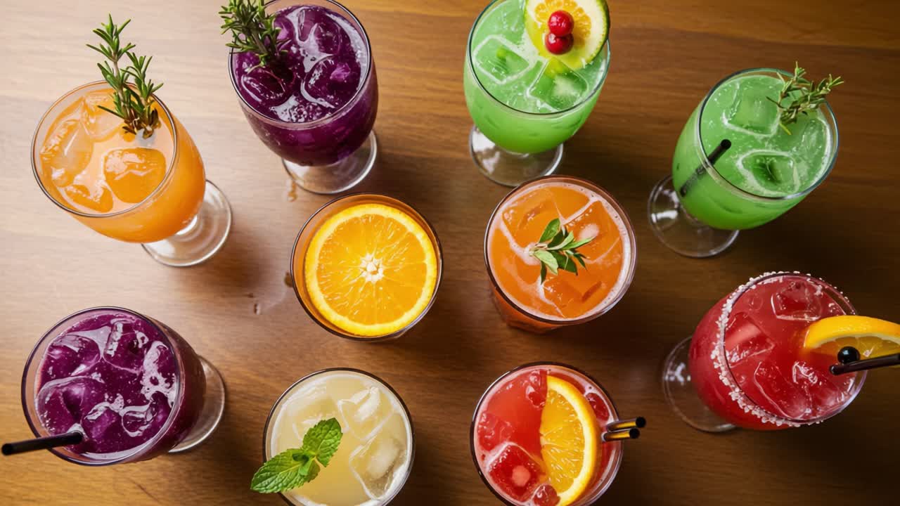 A Colorful Array of Exotic Beverages Showcasing Refreshing Summer Cocktails with Vibrant Garnishes and Ice Cubes in Stylish Glassware