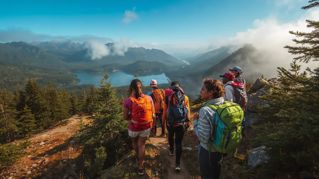 Reaching ridge descending five hikers wearing hiking gear carrying packs on trail seeking lake view