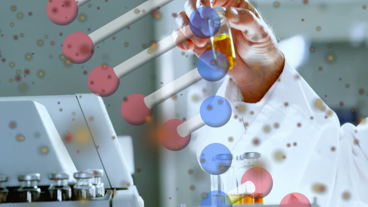 анимация структуры днк и пятен над серединой секции мужского ученого, работающего в лаборатории