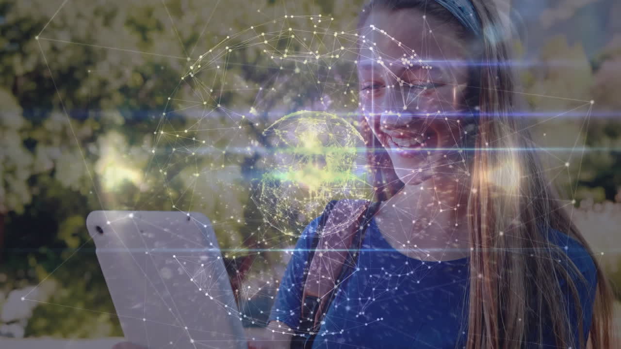 Female student interacting with tablet in park, showing education network nodes holographic globe