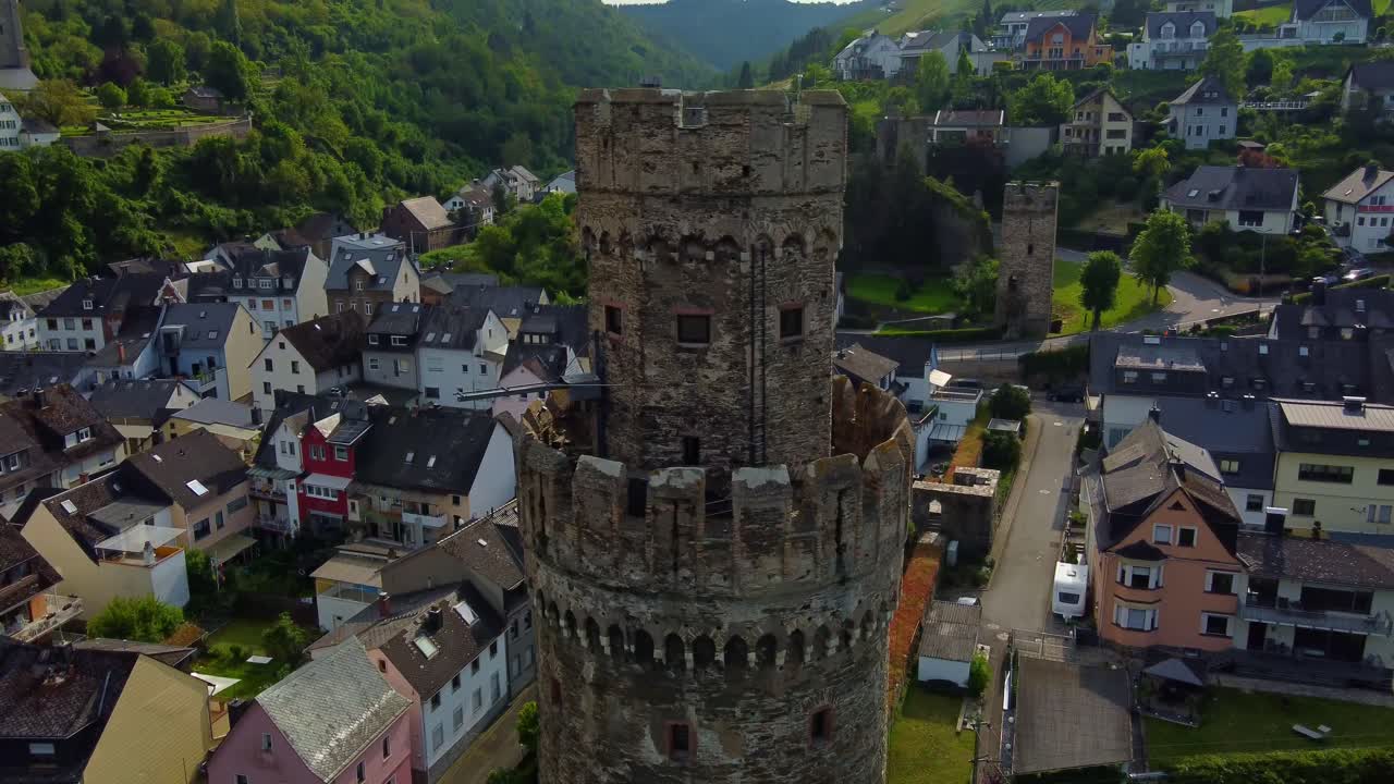 Preserved medieval fortification of historic Oberwesel town wall, Ox tower drone close-up