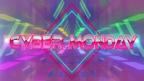 Animación-De-La-Pancarta-Del-Cyber-Monday-Sobre-Un-Túnel-De-Neón-En-Un-Patrón-Impecable.