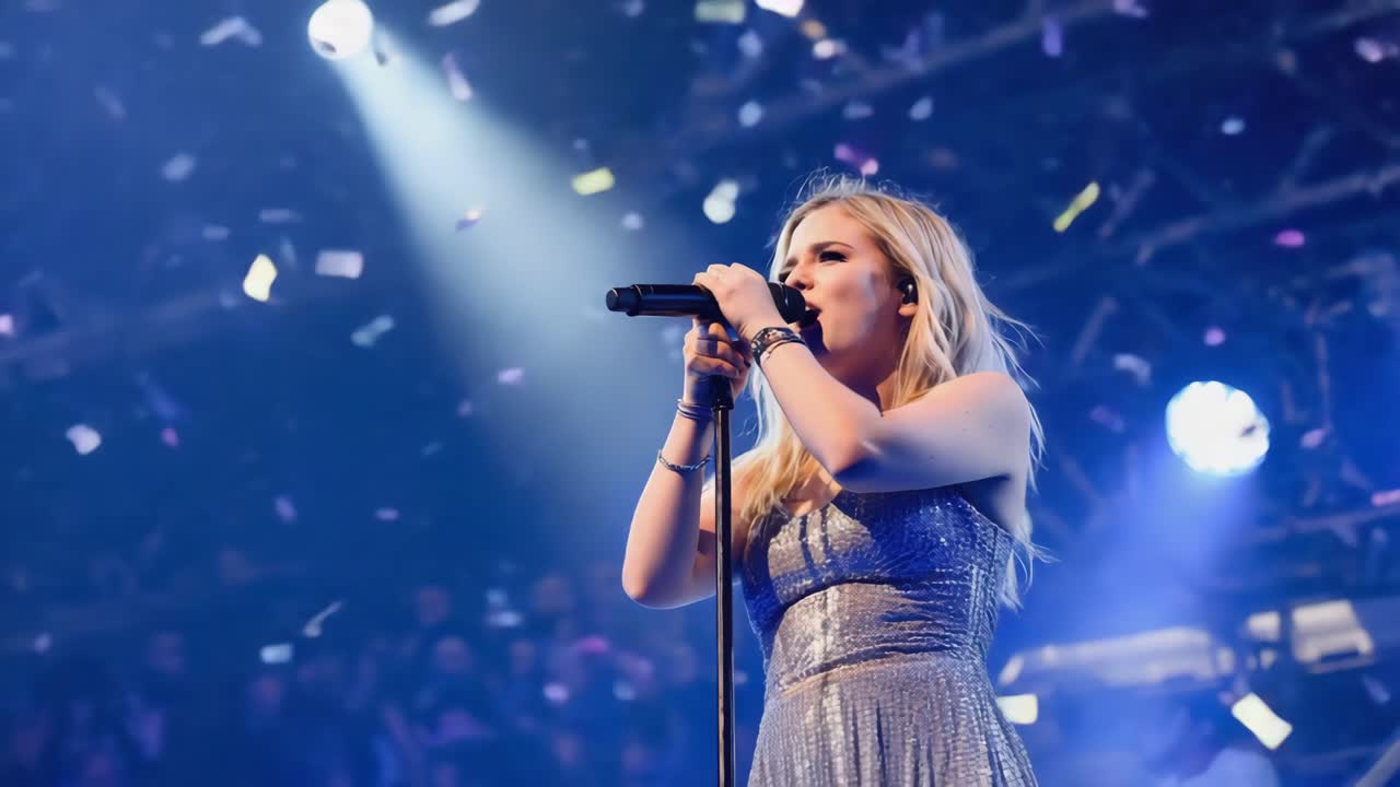 Female singer performing live on stage with confetti falling