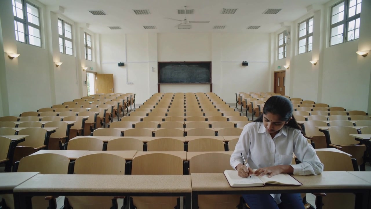 Telecamera che inquadra uno studente in camicia bianca che prende appunti al banco anteriore dell'aula magna, quaderno, spazio per il testo