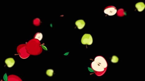 red and green apples falling against black background