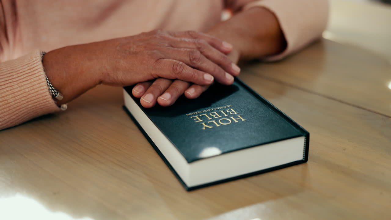 Hands, Bible and person worship for religion