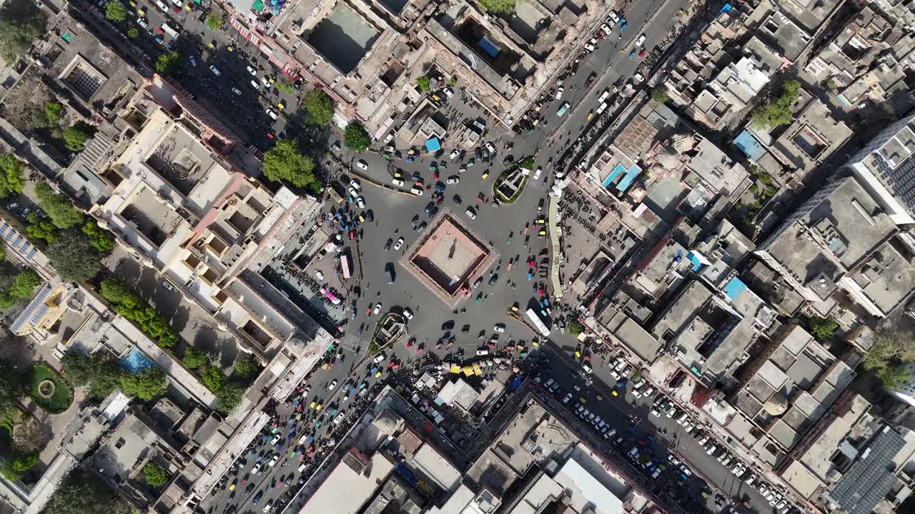 Overview top shot of highway interjunction with vechiles passing through