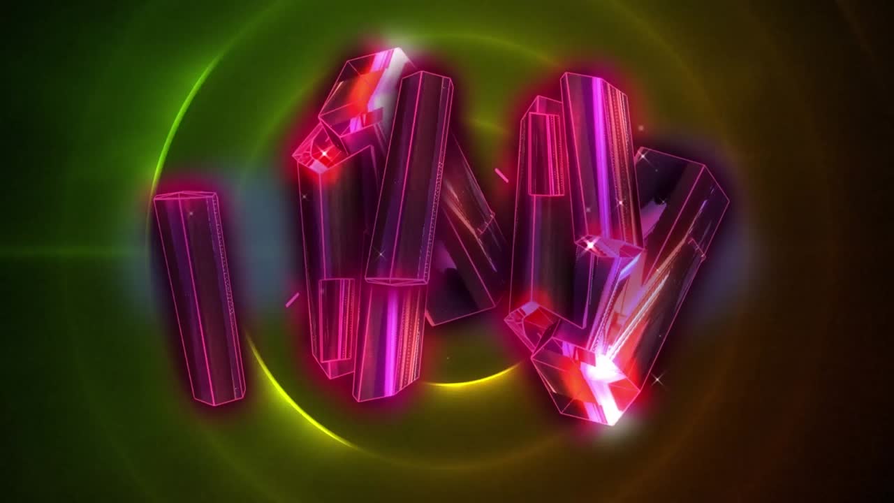 animación de bloques luminosos giratorios sobre círculos en espacio verde