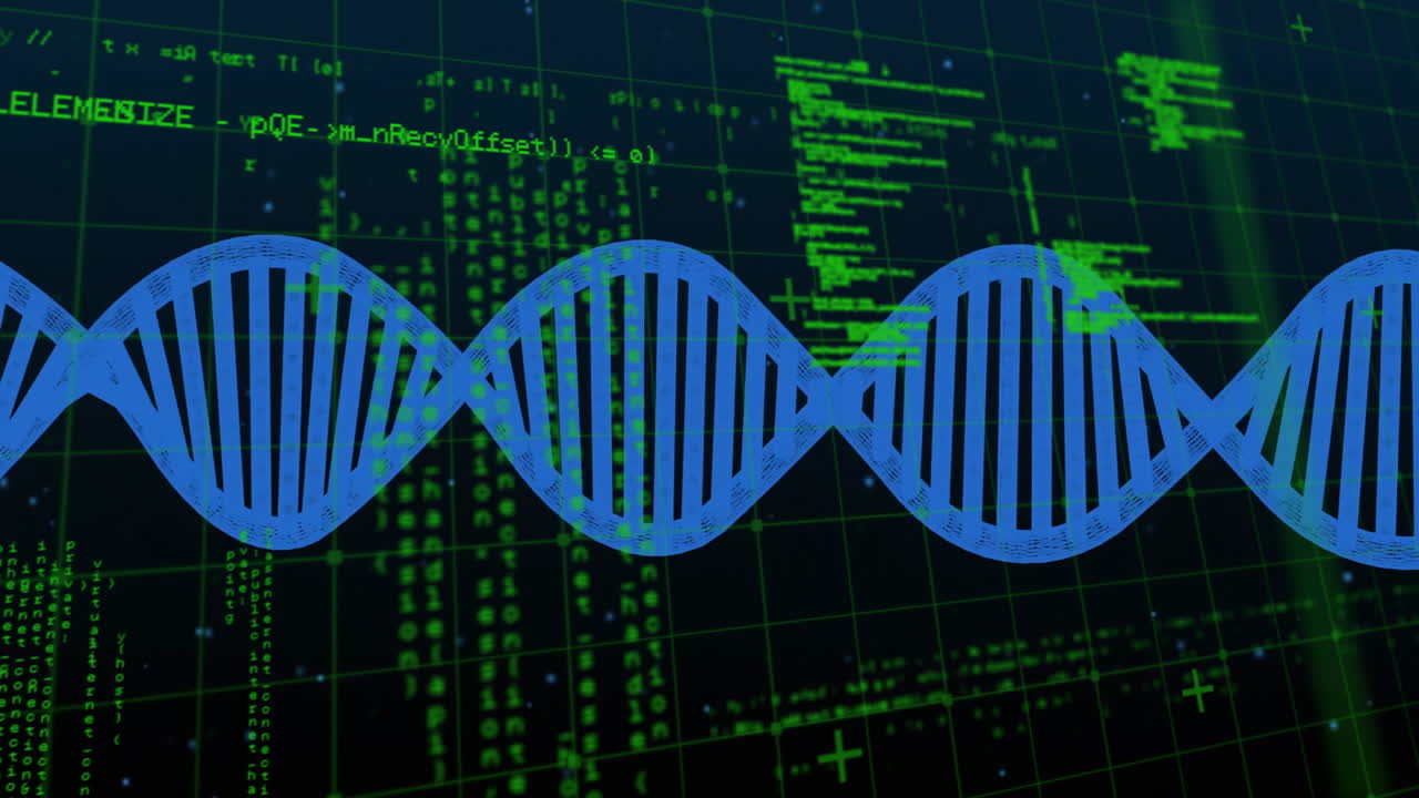 Blue double-helix DNA undulating across frame, with neon-green grid and scrolling code fragments